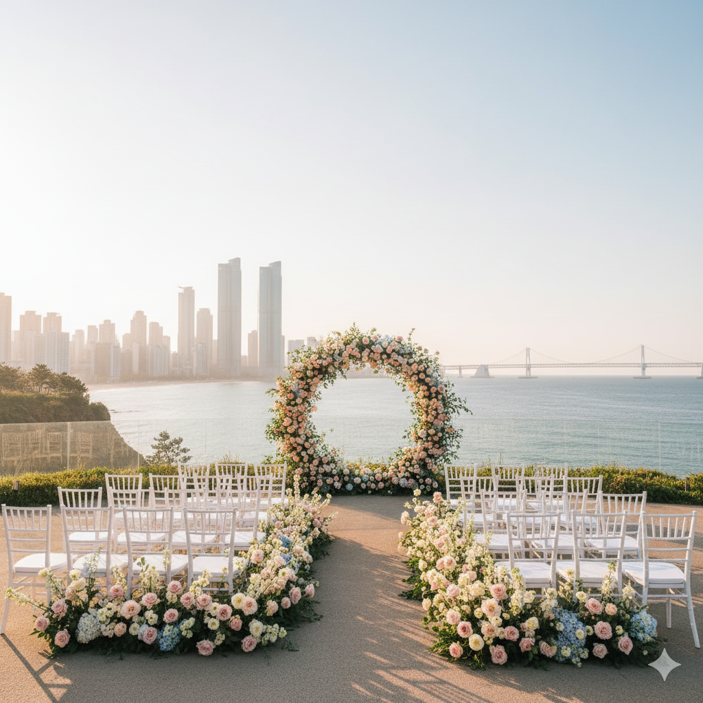 부산 해운대 해변을 배경으로 한 웨딩 이미지 - 아름다운 바다와 도시 풍경