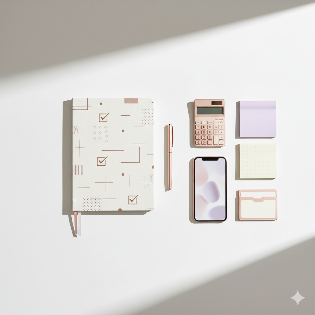 웨딩박람회 준비 체크리스트 - 신분증, 메모장, 펜, 예산 계획서 등이 있는 실용적인 이미지