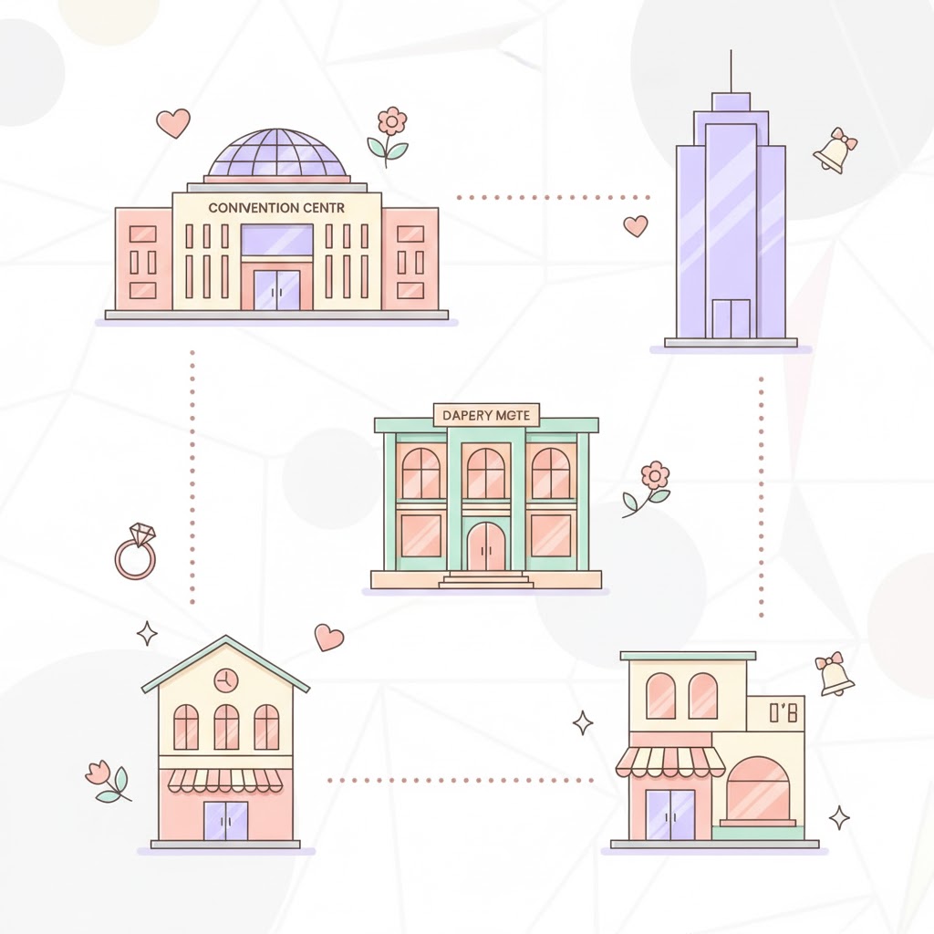 서울의 유명 웨딩박람회 장소들을 표현한 인포그래픽 스타일 이미지