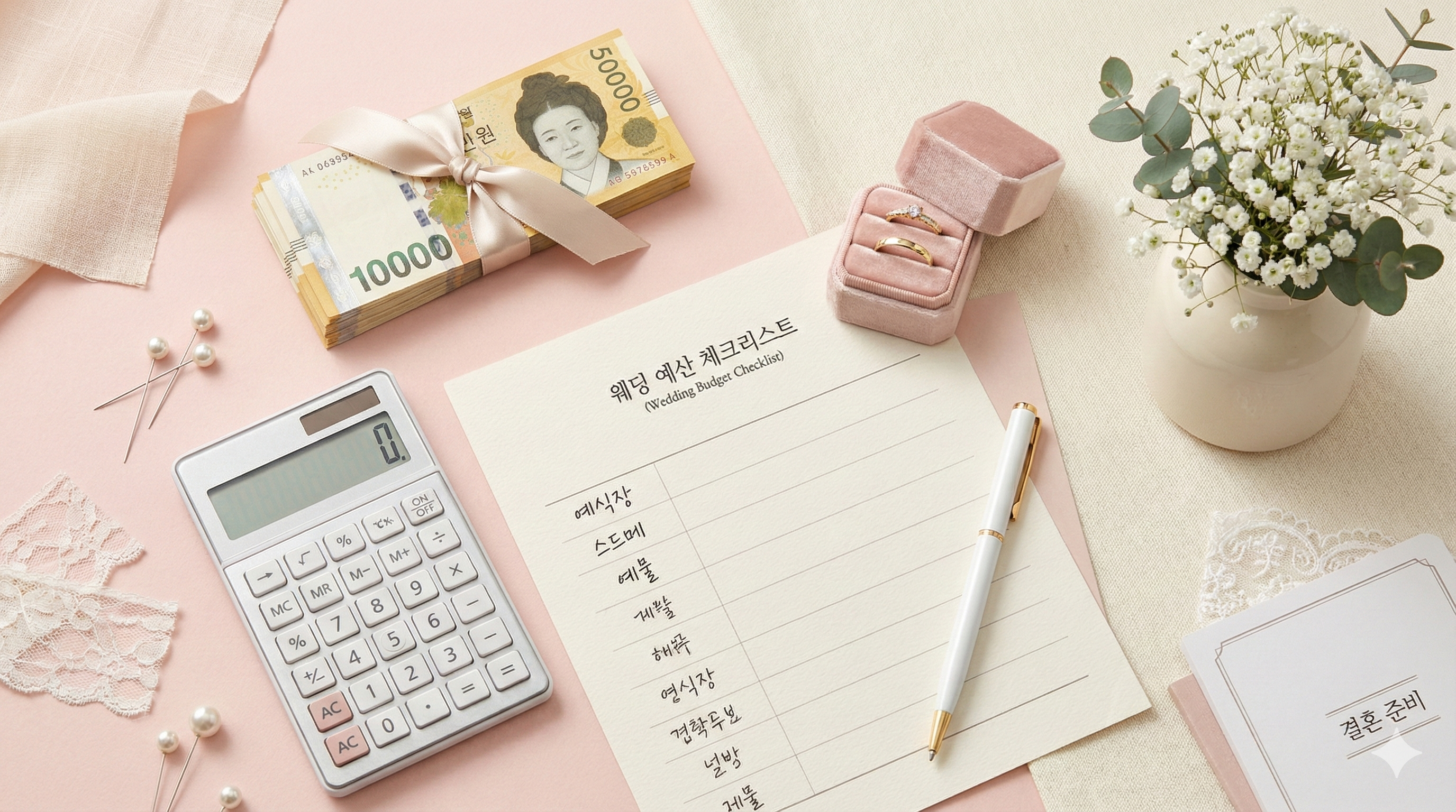 웨딩 비용 계산과 체크리스트를 표현한 플랫레이 이미지