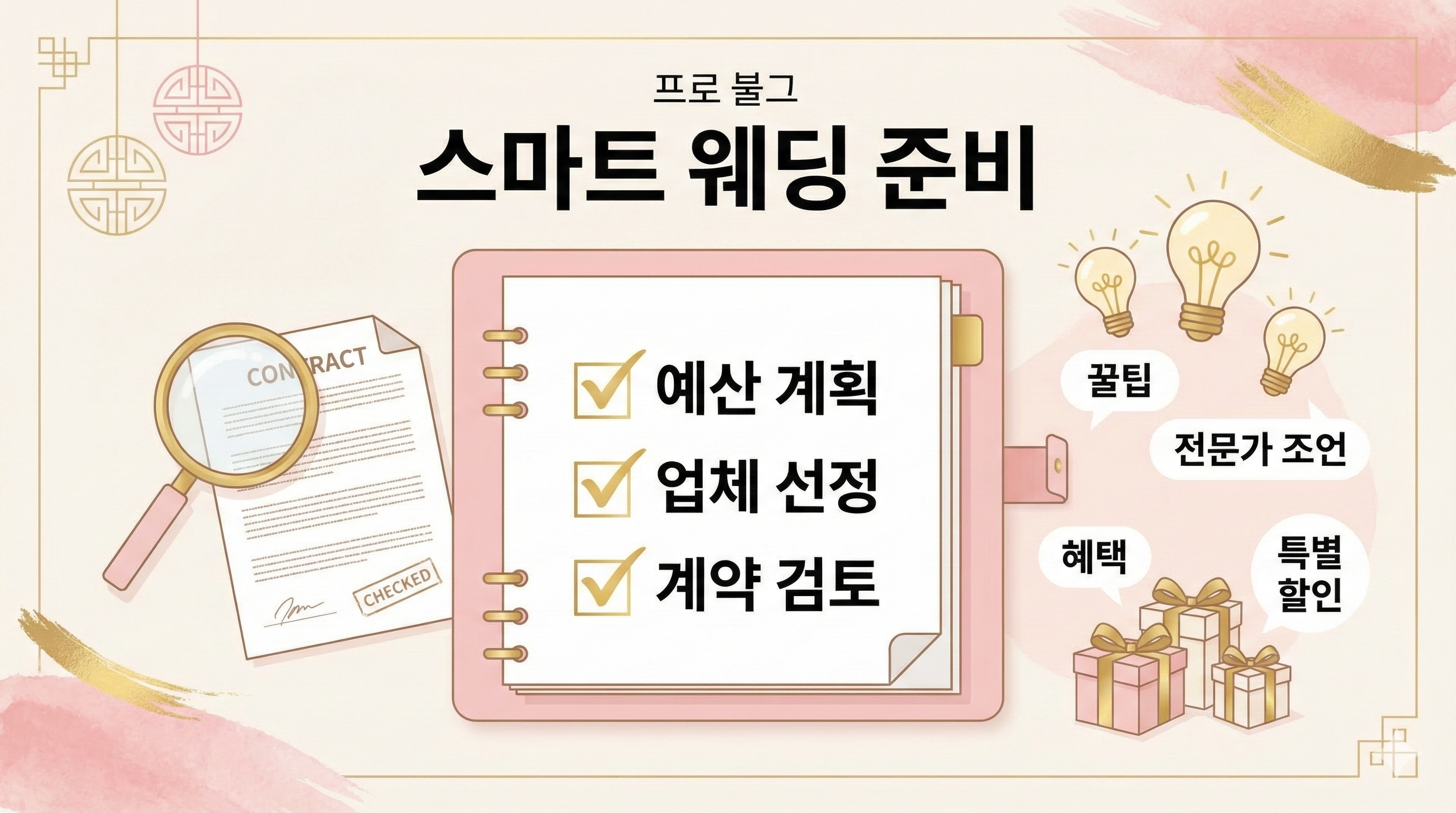 스마트한 웨딩 준비를 상징하는 체크리스트와 팁 이미지