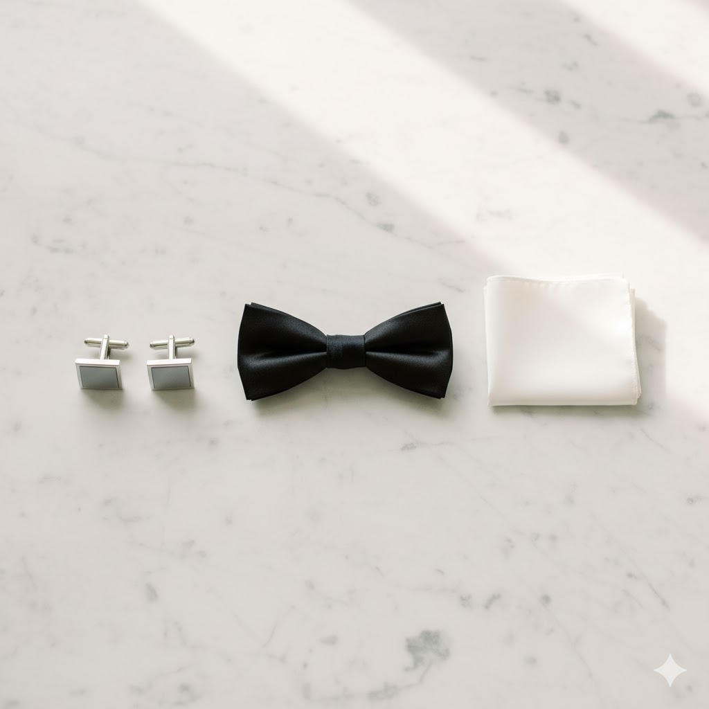 신랑 턱시도 액세서리 세트 - 보타이, 커프스버튼, 포켓치프