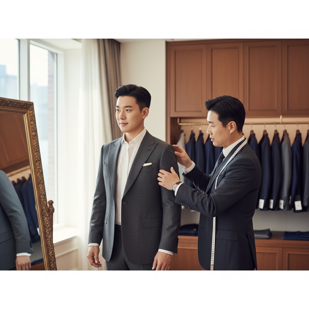 신랑 턱시도 피팅 장면 - 전문가와 상담하는 모습