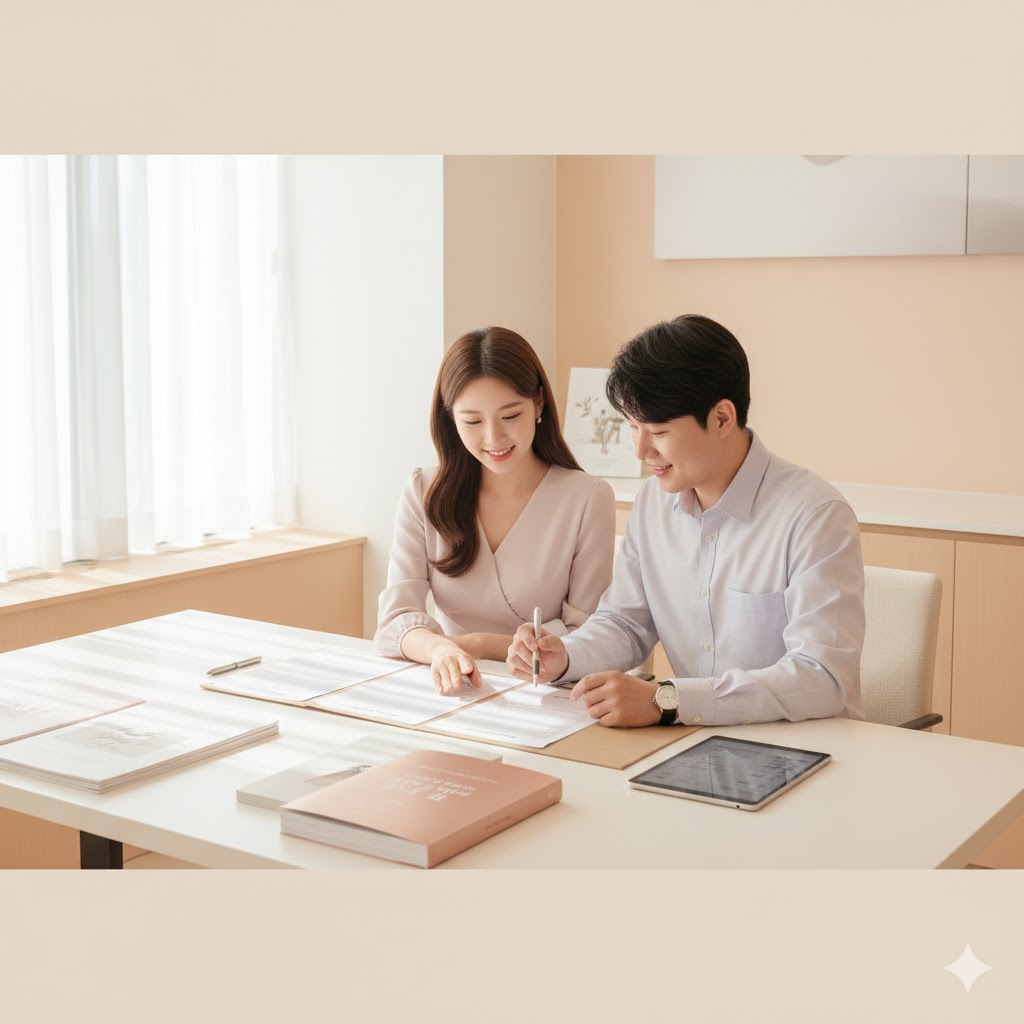 웨딩홀 계약서와 체크리스트를 검토하는 예비부부의 모습