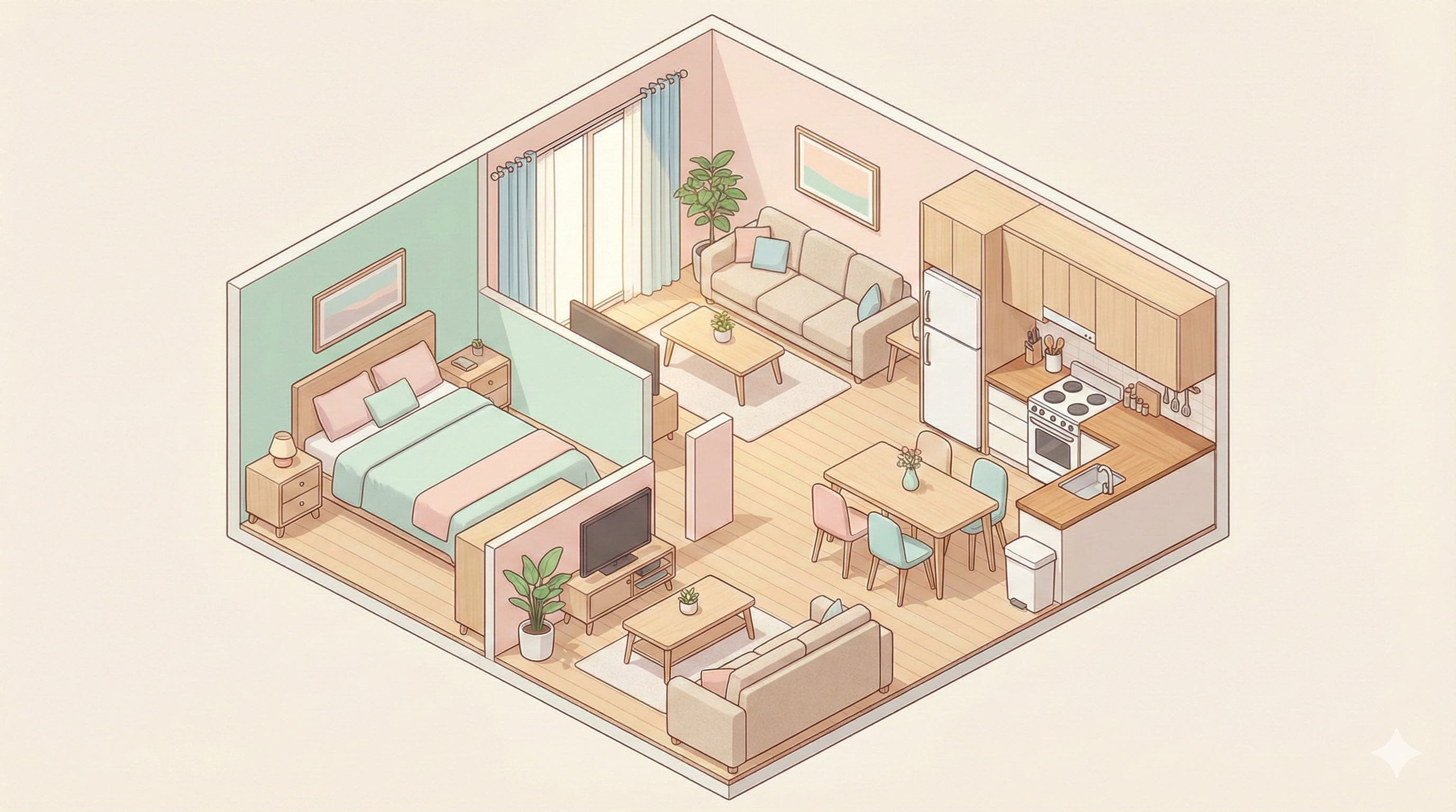 공간별 신혼집 필수 가구와 가전이 배치된 모던한 원룸 인테리어