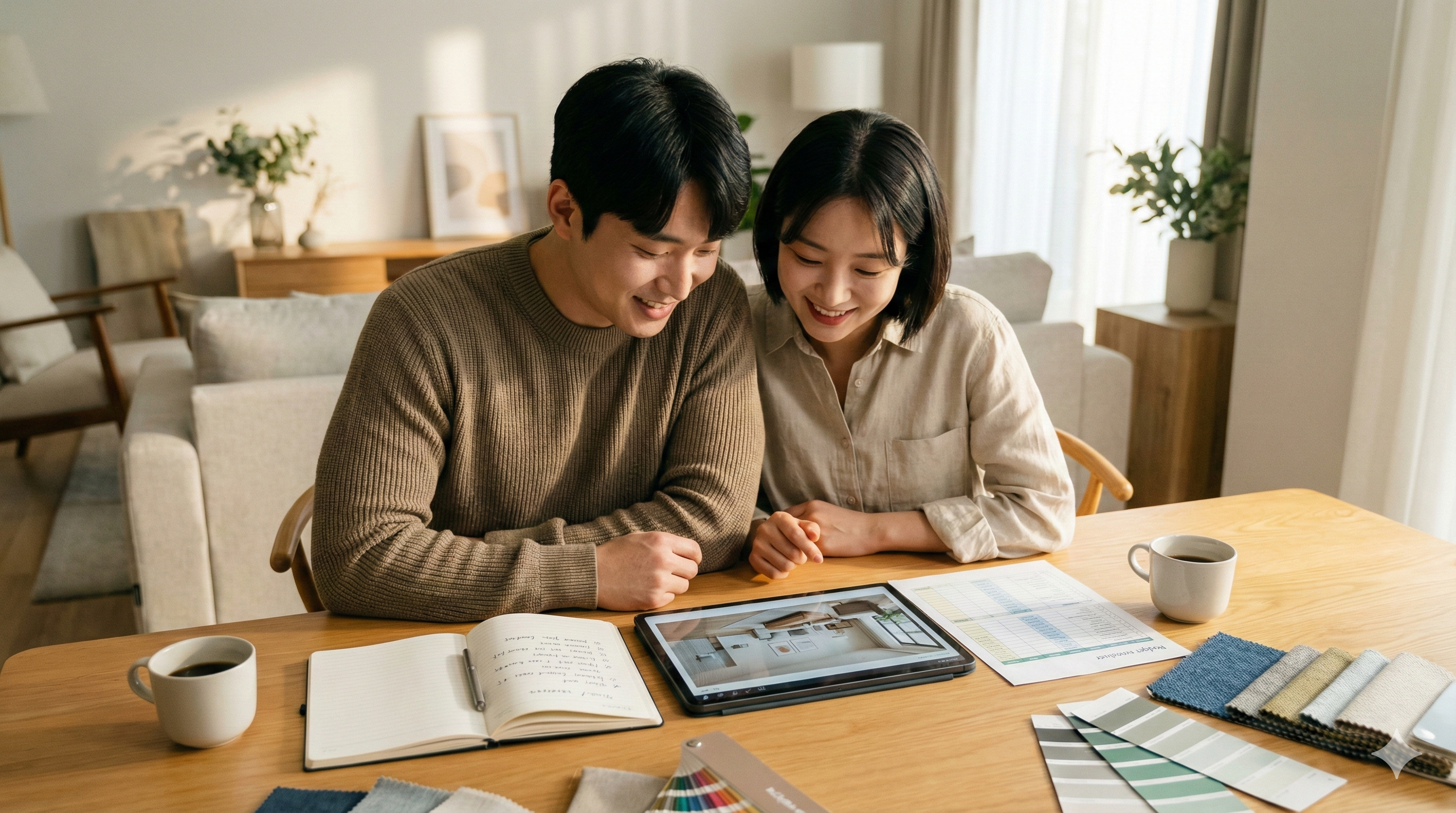 신혼집 인테리어 체크리스트와 예산 계획표를 작성하는 모습