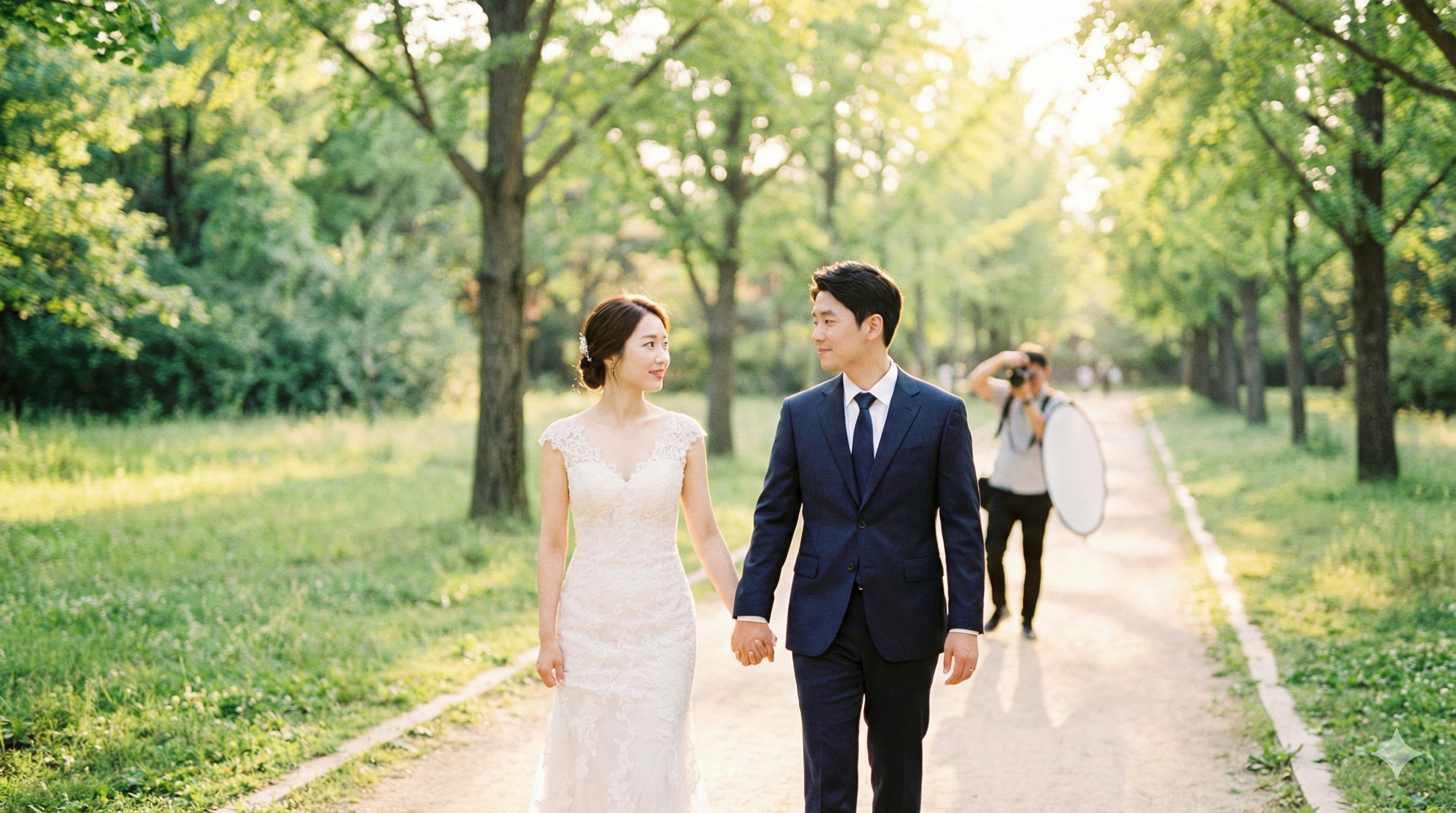 야외 웨딩 촬영 장면 - 공원에서 자연광으로 촬영하는 예비부부