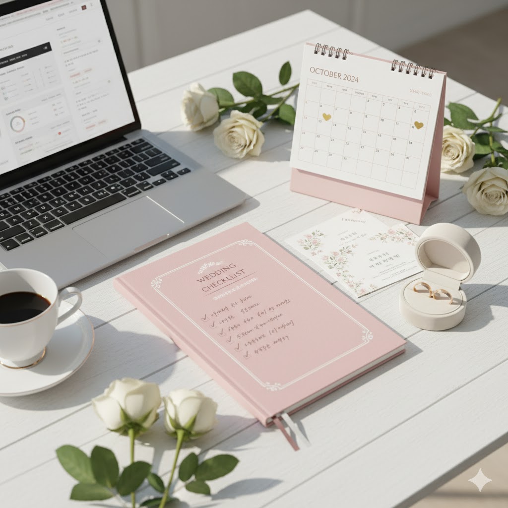 결혼 준비 체크리스트와 달력이 놓인 책상 위 전경