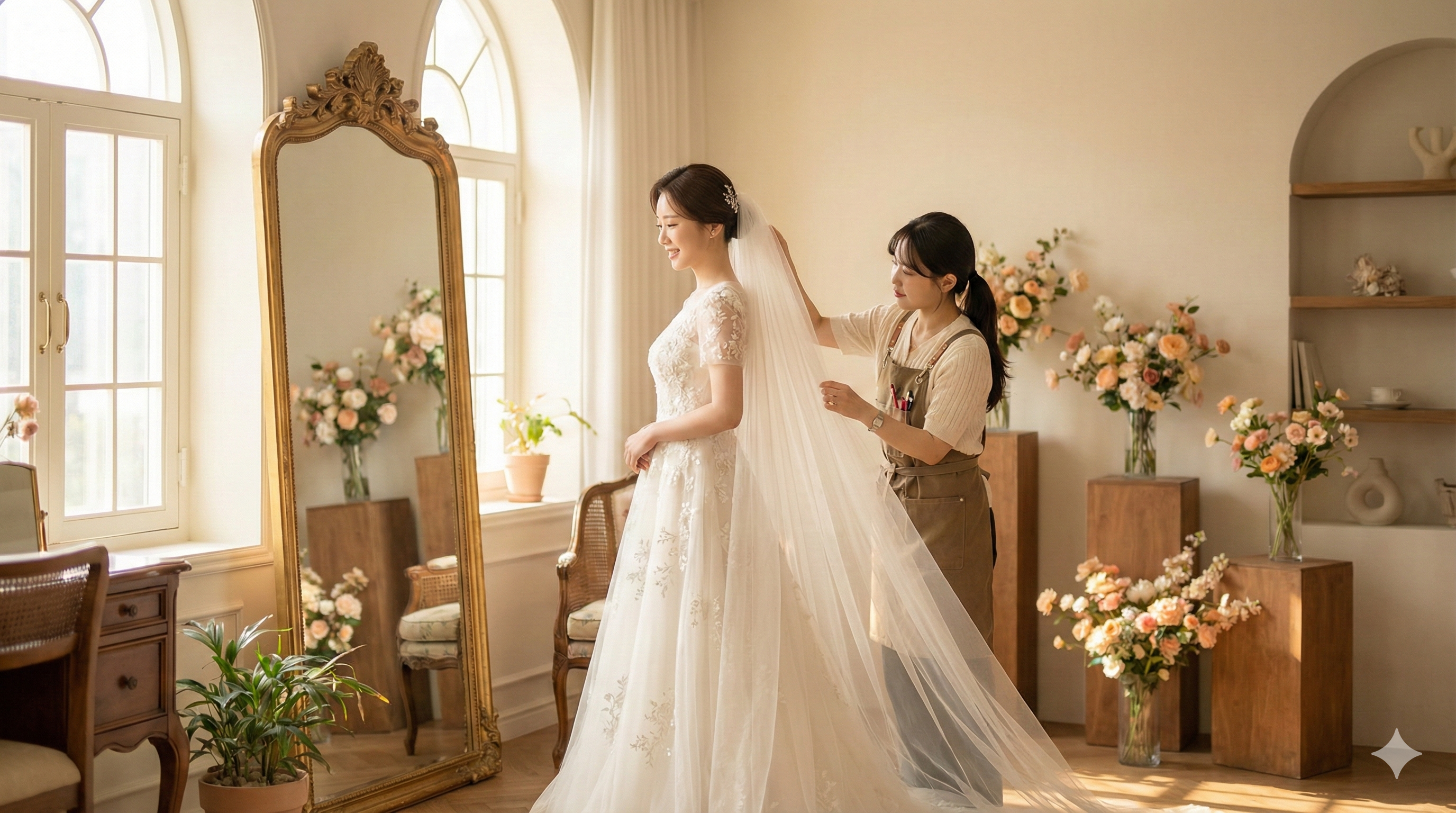 스드메 선택 가이드 - 웨딩 스튜디오에서 촬영 준비를 하는 예비 신부의 모습