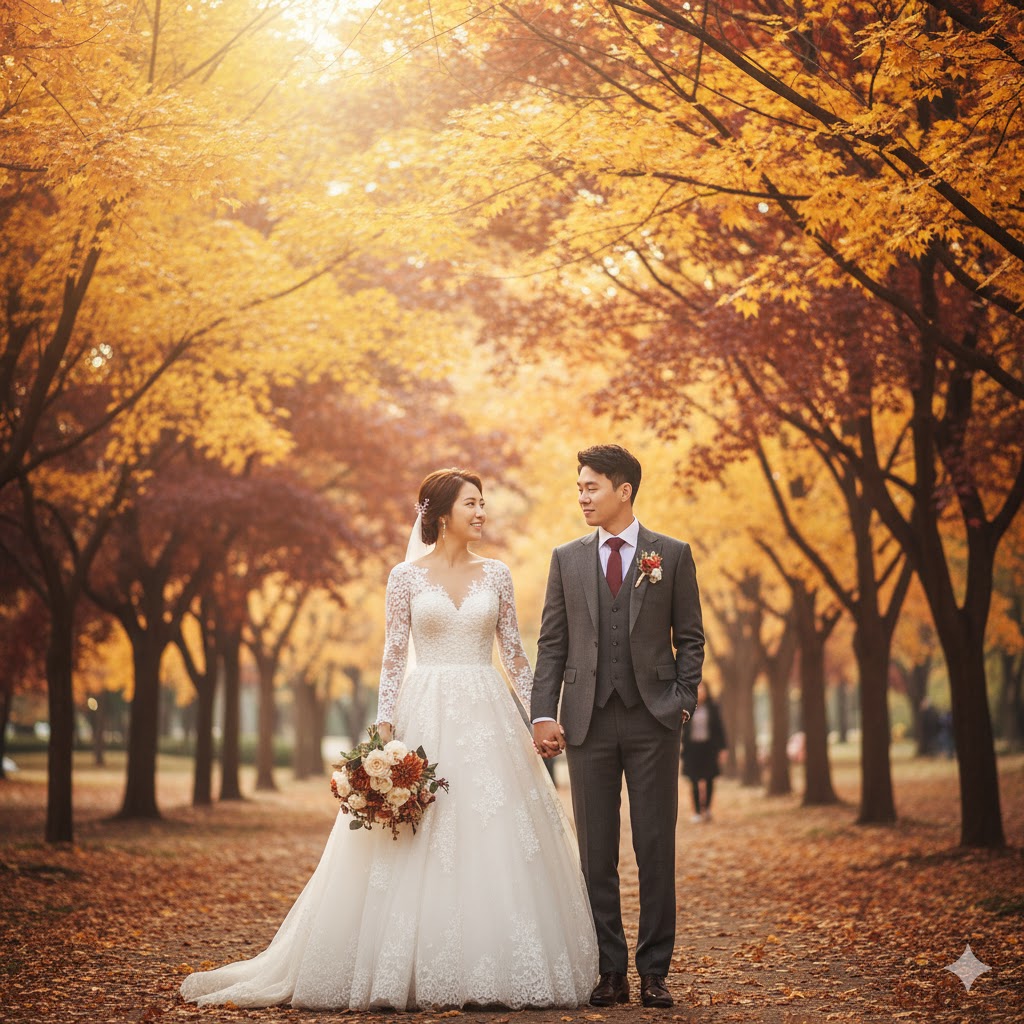황금빛 가을 단풍을 배경으로 한 웨딩 촬영