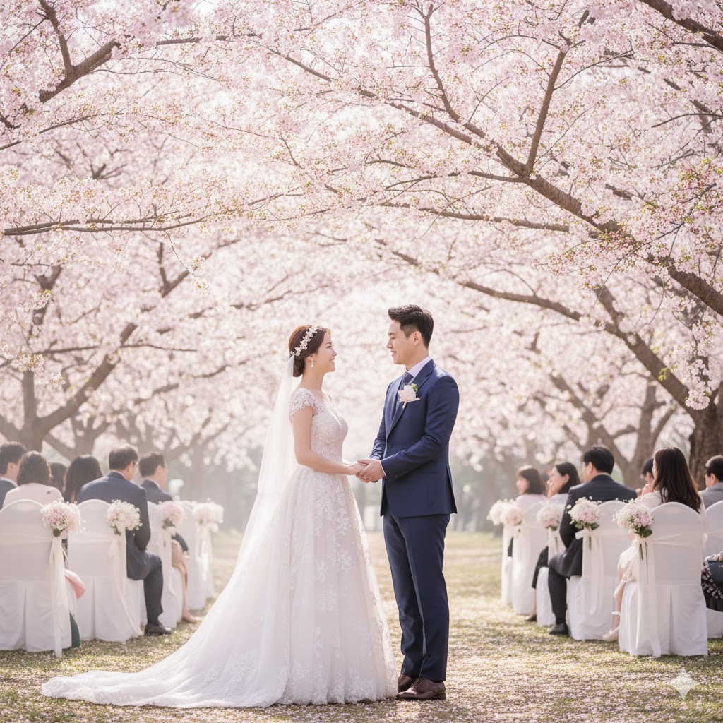 벚꽃이 만개한 봄 웨딩 현장