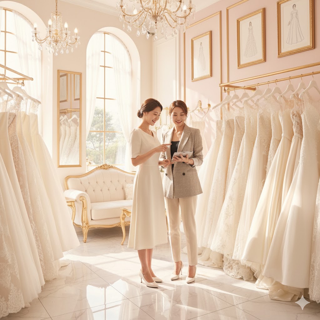 웨딩드레스를 선택하는 예비신부와 상담사의 모습
