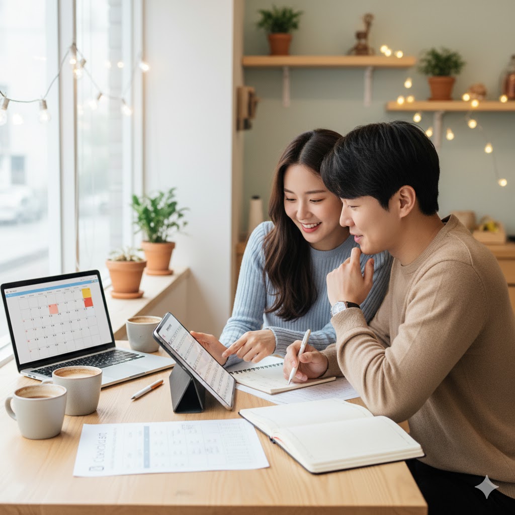 결혼 준비 체크리스트를 확인하는 예비부부